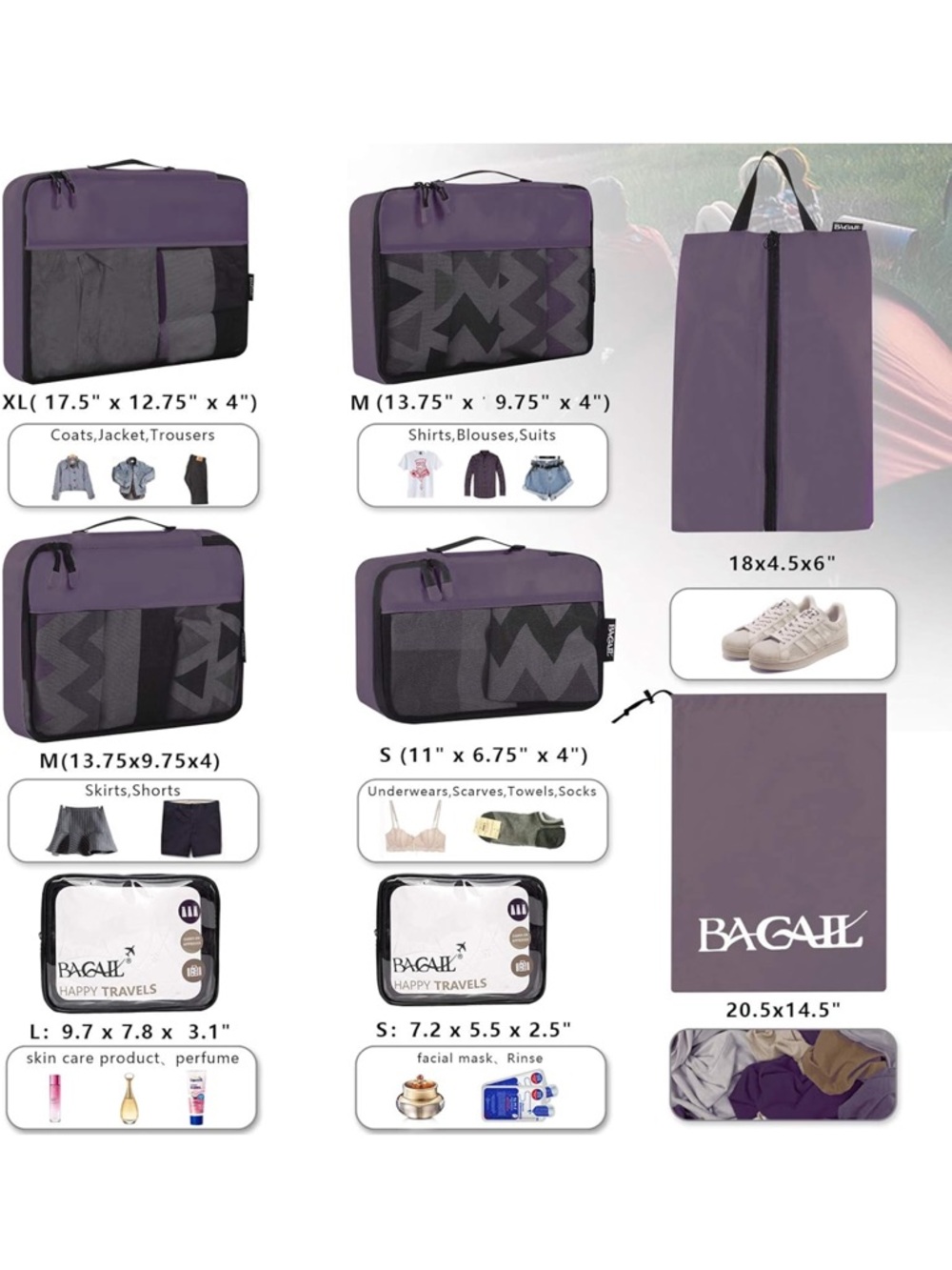 Packing Cube Set with Shoe Bag and Toiletry Pouches - Picture 2 of 8
